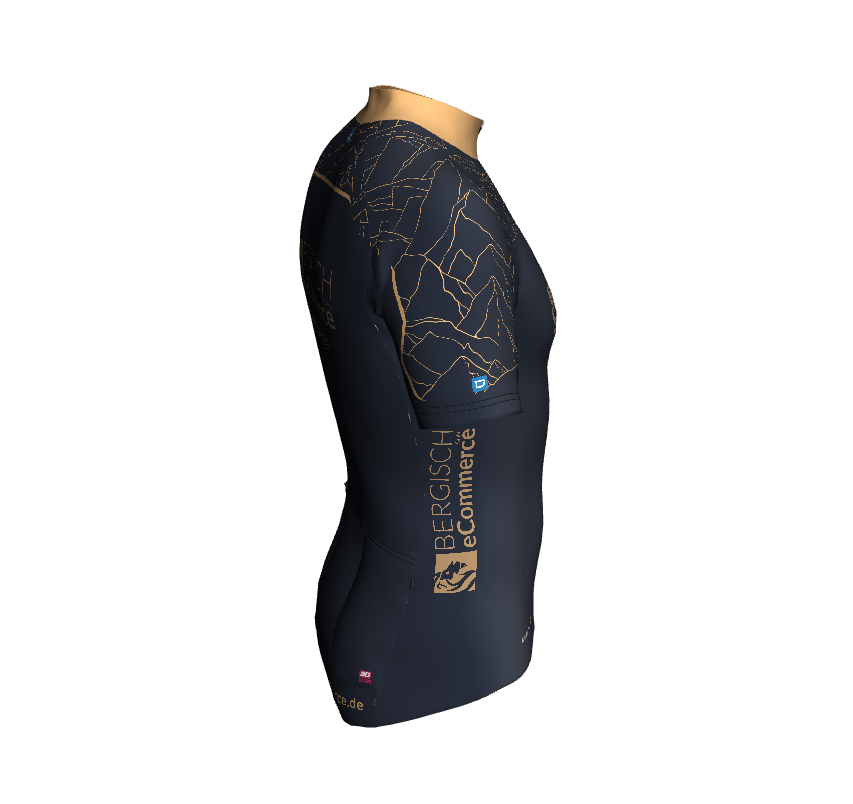 Seitliche Ansicht eines schwarz-goldenen Radtrikots mit Bergisch eCommerce Logo und goldenen Linien.