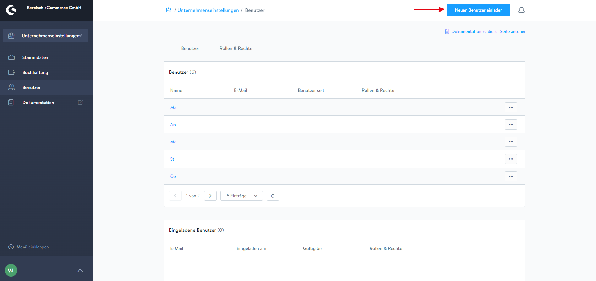 Benutzerverwaltungsseite der Berqisch eCommerce GmbH mit einer Liste bestehender Benutzer und der Option, neue Benutzer einzuladen. Benutzerverwaltungsseite der Berqisch eCommerce GmbH mit einer Liste bestehender Benutzer und der Option, neue Benutzer einzuladen.