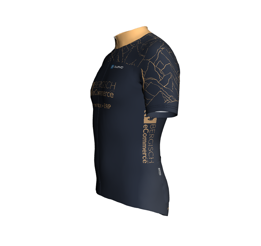Schwarzes Fahrradtrikot mit goldenen Linien und BERGISCH eCommerce-Schriftzug auf der Vorderseite und an den Ärmeln.