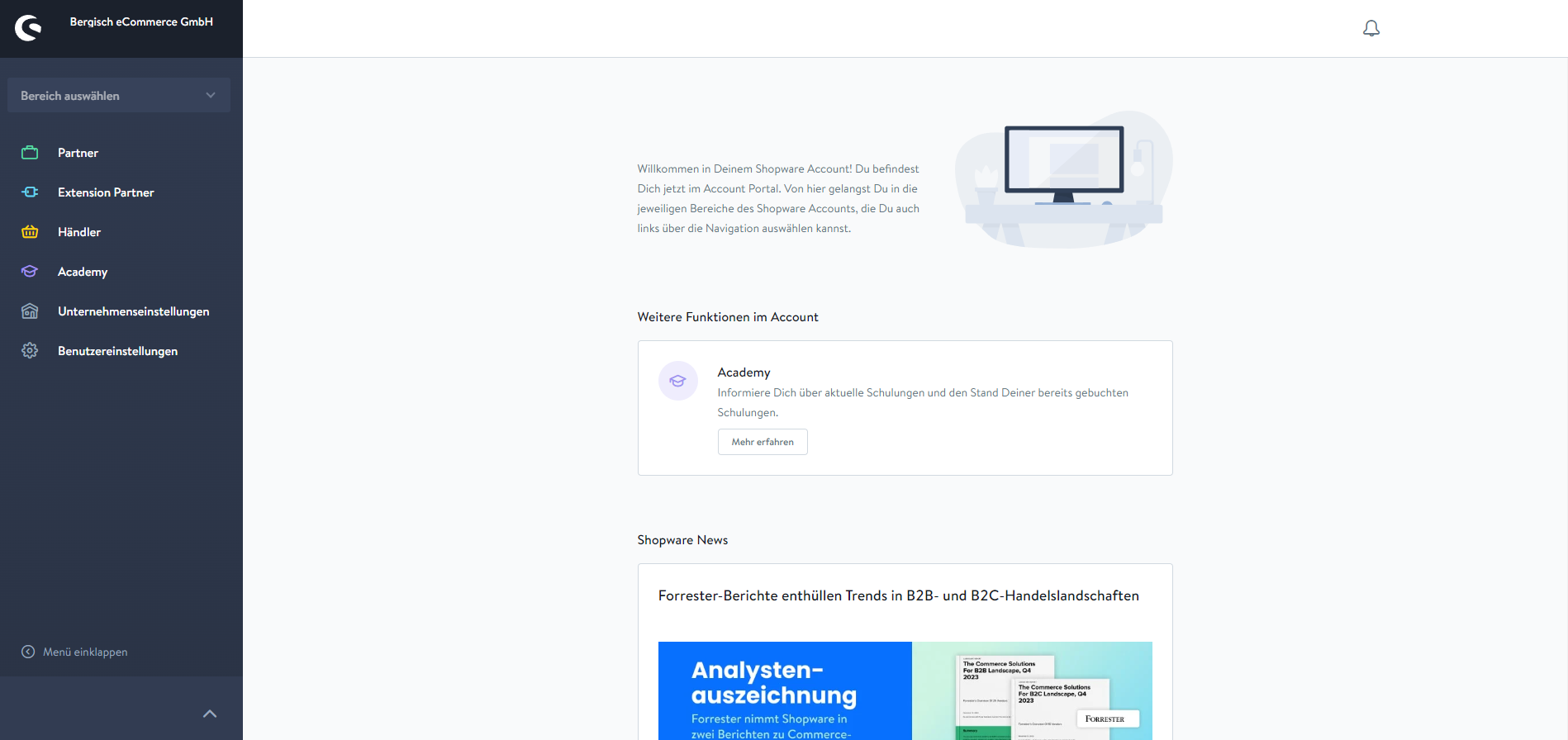 Benutzeroberfläche des Shopware Account-Portals mit Menü für Partner, Händler und Schulungsinformationen Benutzeroberfläche des Shopware Account-Portals mit Menü für Partner, Händler und Schulungsinformationen