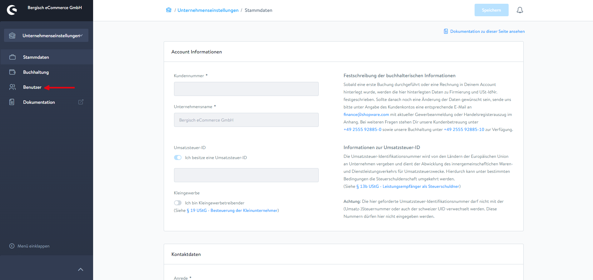 Screenshot der Unternehmensverwaltung mit Account- und Umsatzsteuerinformationen im eCommerce-Portal Screenshot der Unternehmensverwaltung mit Account- und Umsatzsteuerinformationen im eCommerce-Portal