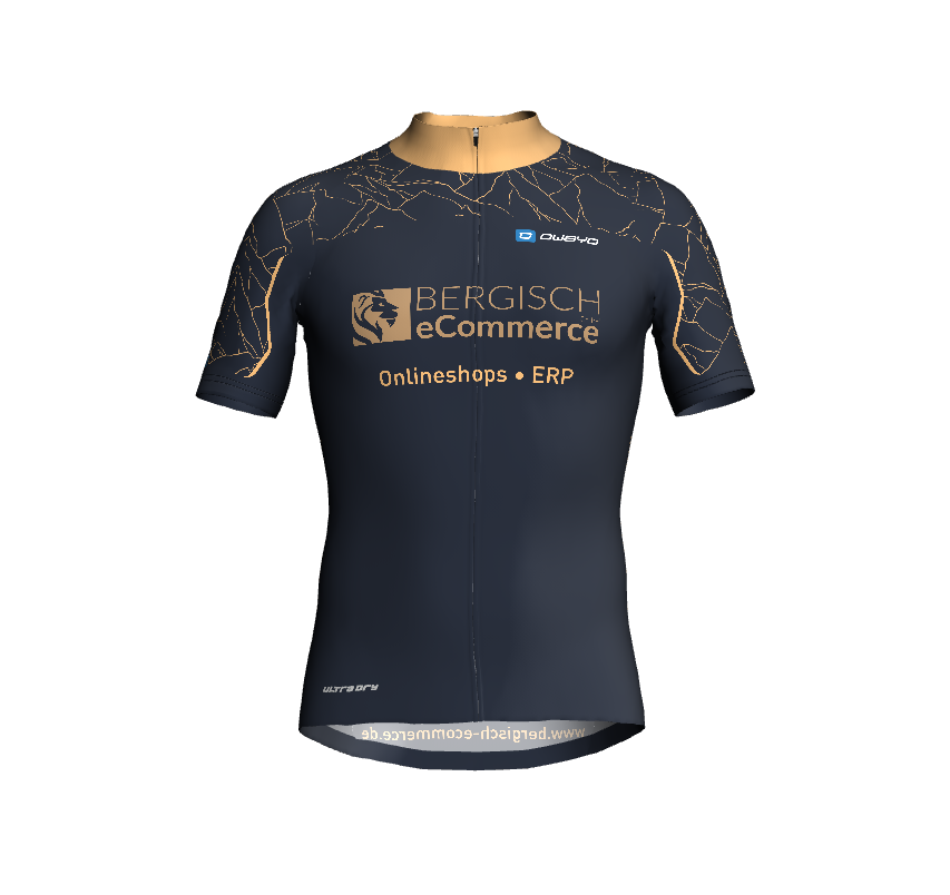 Radtrikot in Dunkelblau mit Bergisch eCommerce-Logo und dekorativen goldenen Linien auf den Ärmeln
