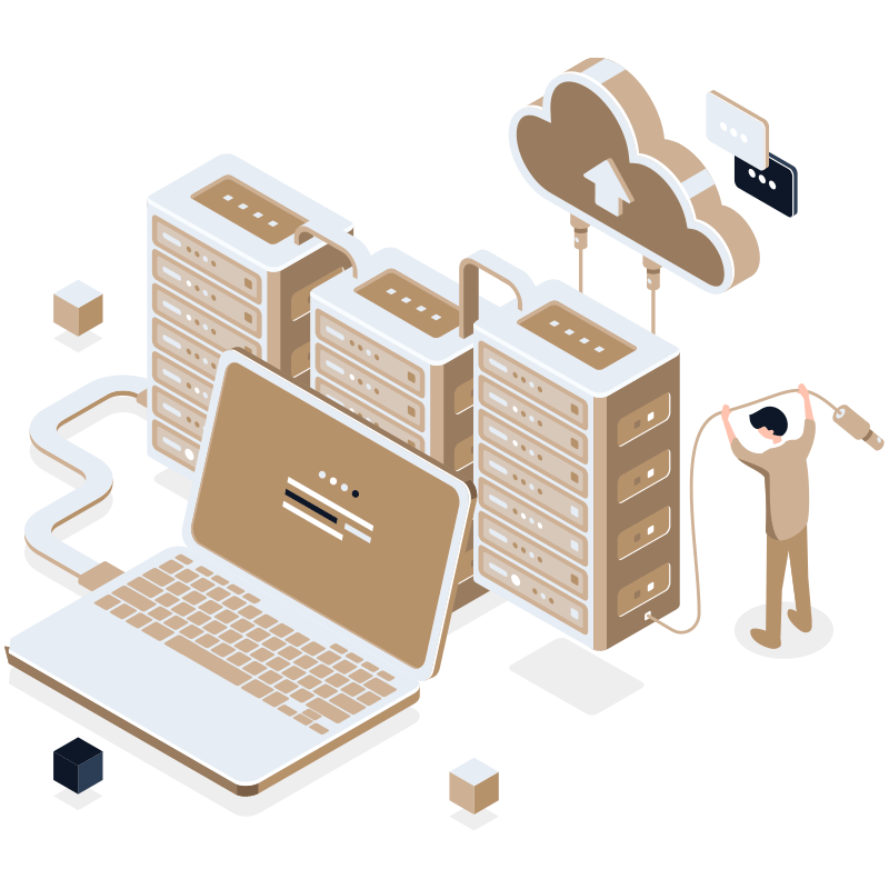 Illustration eines digitalen Netzwerks mit Servern und Cloud-Computing Eine isometrische Darstellung zeigt einen Laptop, Server-Racks und eine Cloud-Verbindung. Ein Techniker steckt ein Kabel ein.