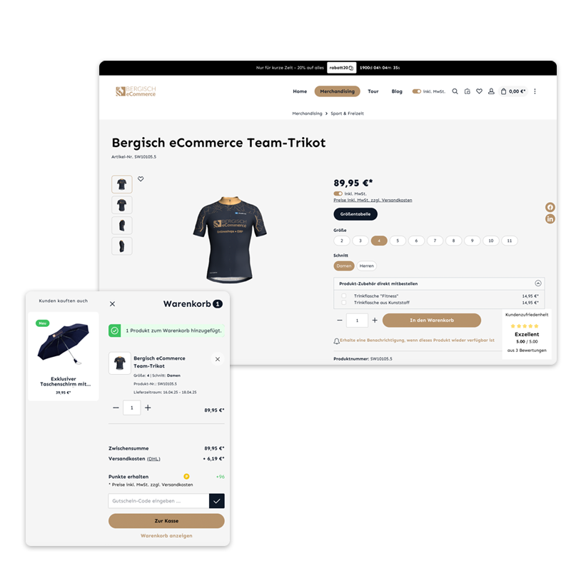 Bergisch eCommerce Team-Trikot Produktseite und Warenkorbansicht Screenshot der Produktseite und des Warenkorbs für das Bergisch eCommerce Team-Trikot mit Preisangaben und Größenauswahl.